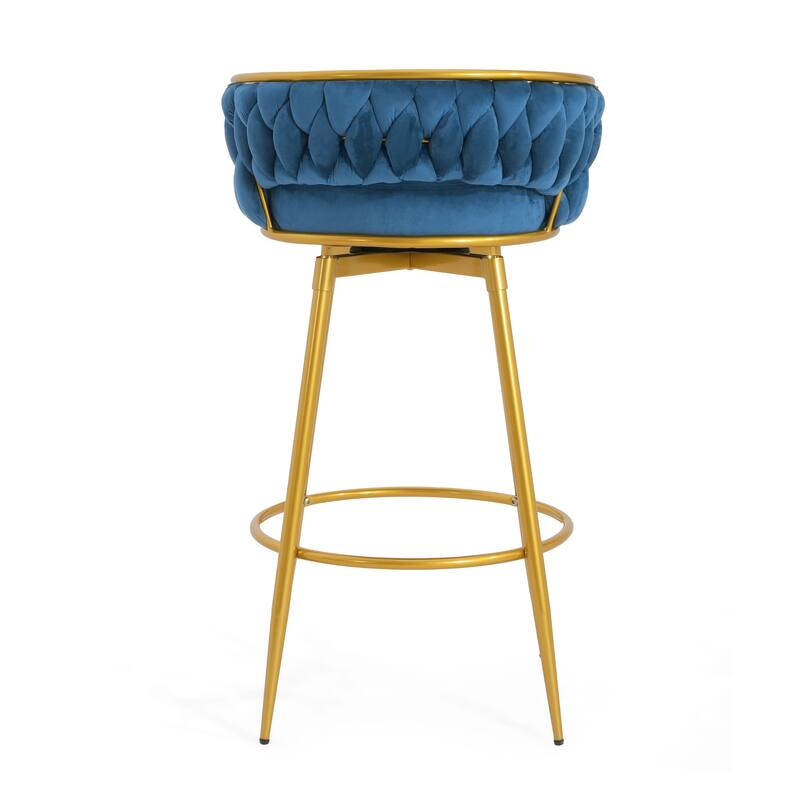 Swivel Bar Stools Counter Height Chairs, Velvet Upholstered Barstools with Hand-Woven Backrest and Gold Metal Legs, Set of 2