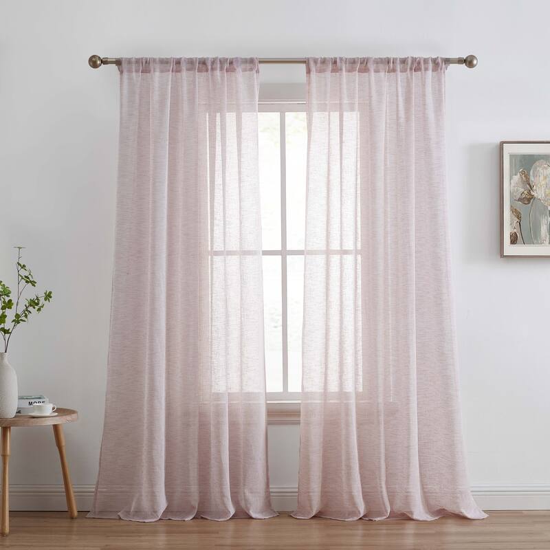 HLC.me Penelope Faux Linen Textured Semi Sheer Light Filtering Window Pole Pocket Curtains Panels - Set of 2 - 54 W x 84 L per panel - Set of 2 - Blush Pink