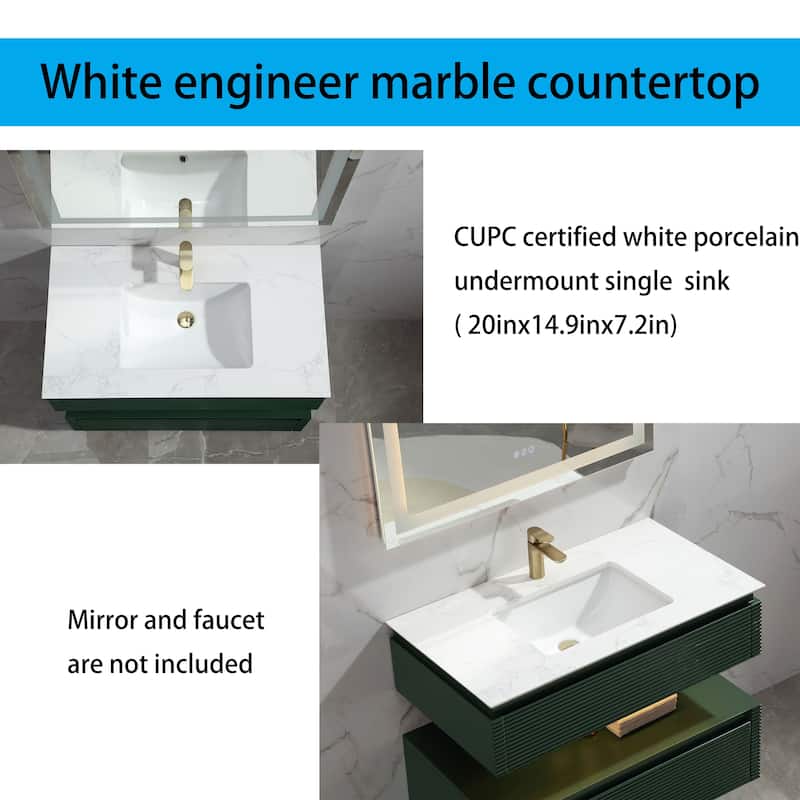 Modland 36/48 Inch LED Floating Vanity with Marble Top & Soft-Close Drawer - Green/White, Wall Drain Ready