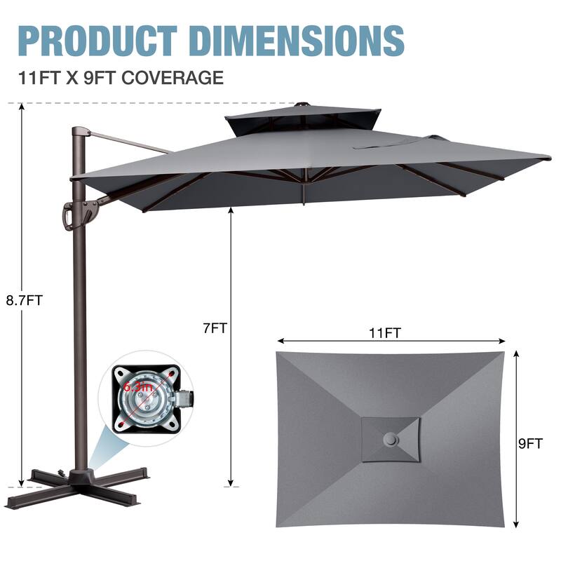 VredHom 9X11FT Outdoor Dual Wind Vent Offset Cantilever Patio Umbrella