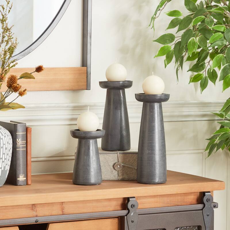 CosmoLiving by Cosmopolitan Wood Modern Candle Holder Set of 3 - S/3 10", 8", 6"H - Dark Grey