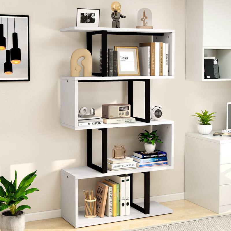 Moasis Modern Corner Shelf Bookcase Bookshelf with Unique S Shaped for Living Room and Home Office - White