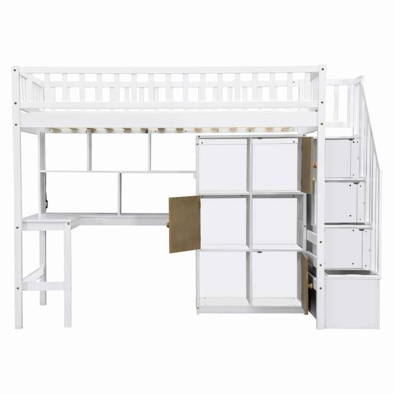 Wooden Twin Loft Bed with Built-in Desk, LED Lights, Storage Shelves, Cabinets & Staircase