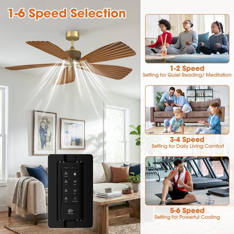 56" Brown Tropical Pleated Leaf 5-Blade Indoor Outdoor Ceiling Fan with Remote, No Light