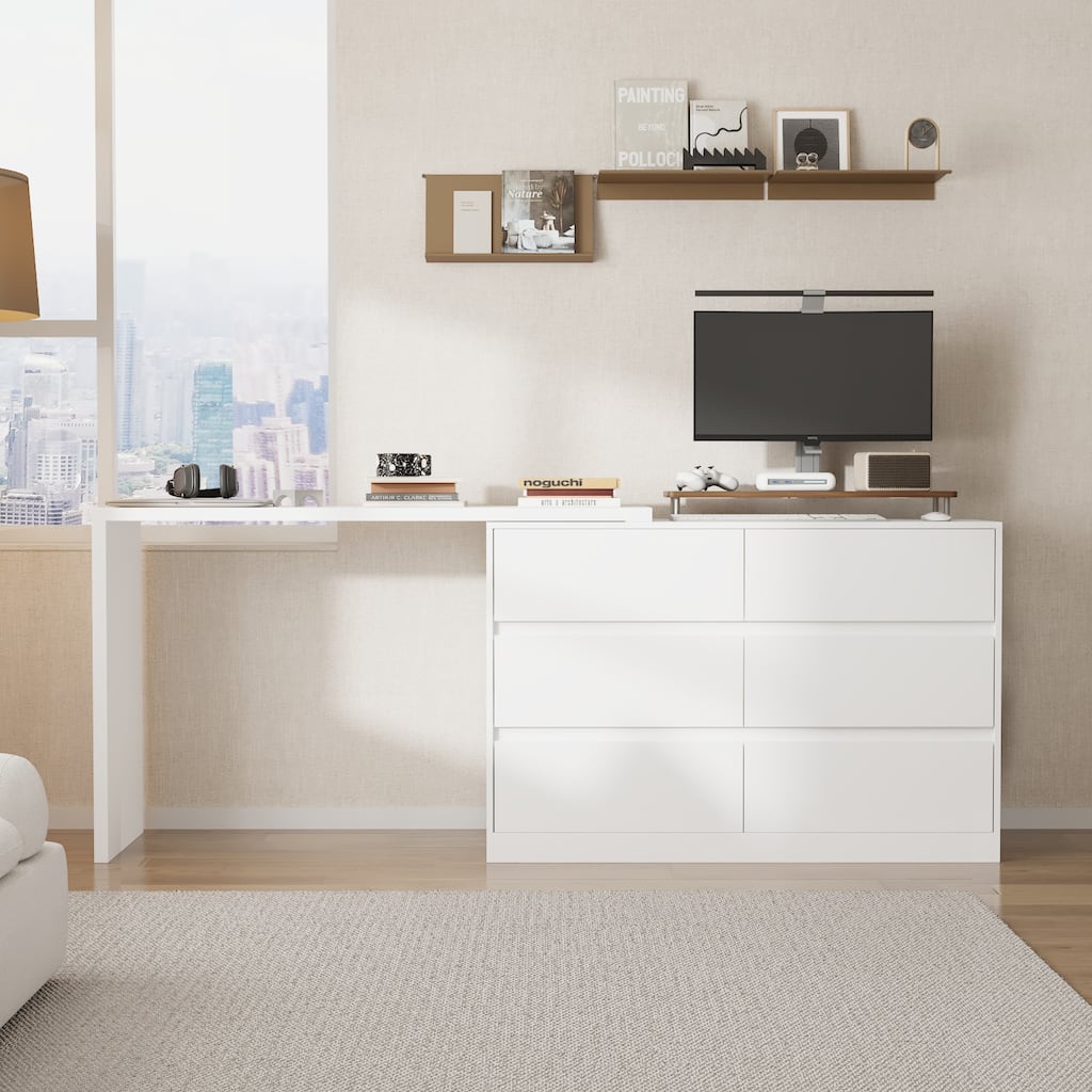 L-Shaped Desk with 6 Drawer Dresser, Extendable Adjustable Vanity Writing Table, Handleless Storage Cabinet