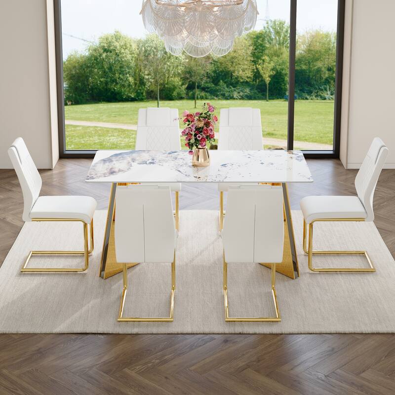 7-Piece Luxury Dining Table and Chair Set, Stone Tabletop Rectangular Table with Stainless Steel Butterfly Legs and 6 PU Chairs