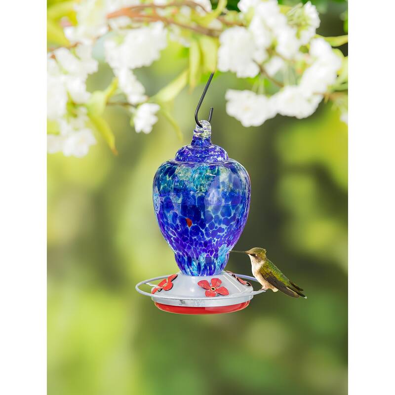 Speckled Art Glass Hummingbird Feeder with Bronze Gondola - Blue