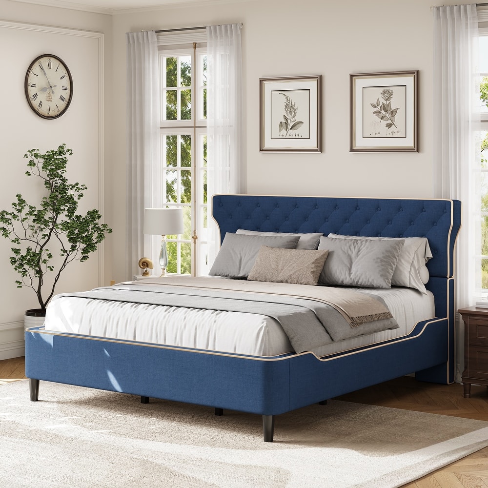 Christopher Knight Home - Aveline Modern Upholstered Platform Bed with Curved Back Headboard and Button Tufted Design