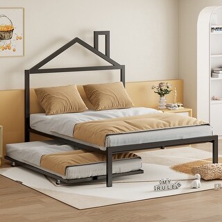 Black Full Size Metal Platform Bed with Trundle & House Headboard