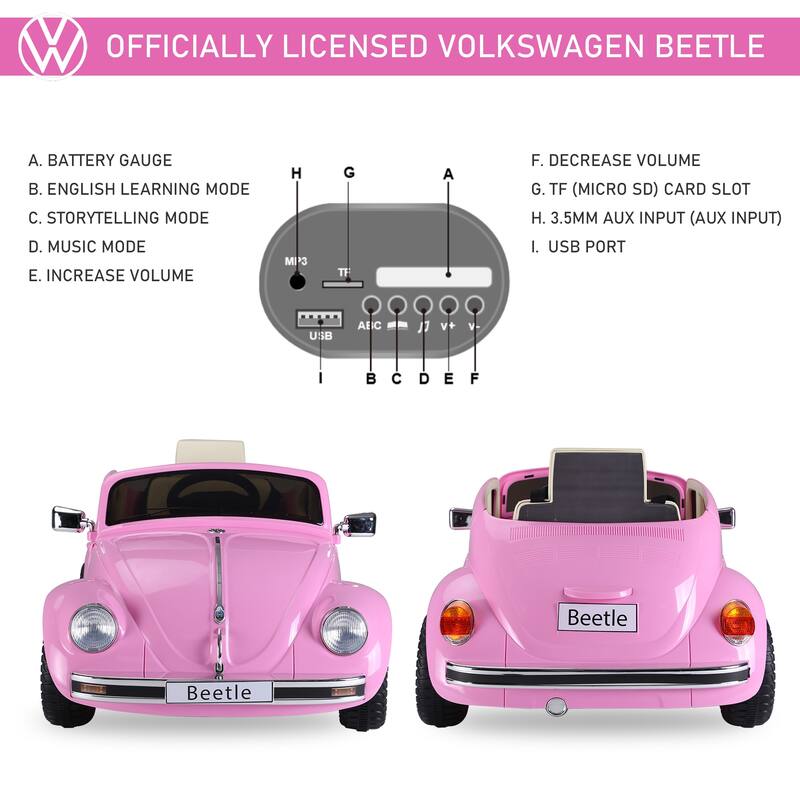 Licensed Volkswagen Beetle Kids Ride-On Car 6V, Remote Control, Music, Headlights, MP3, for 3-6 Years