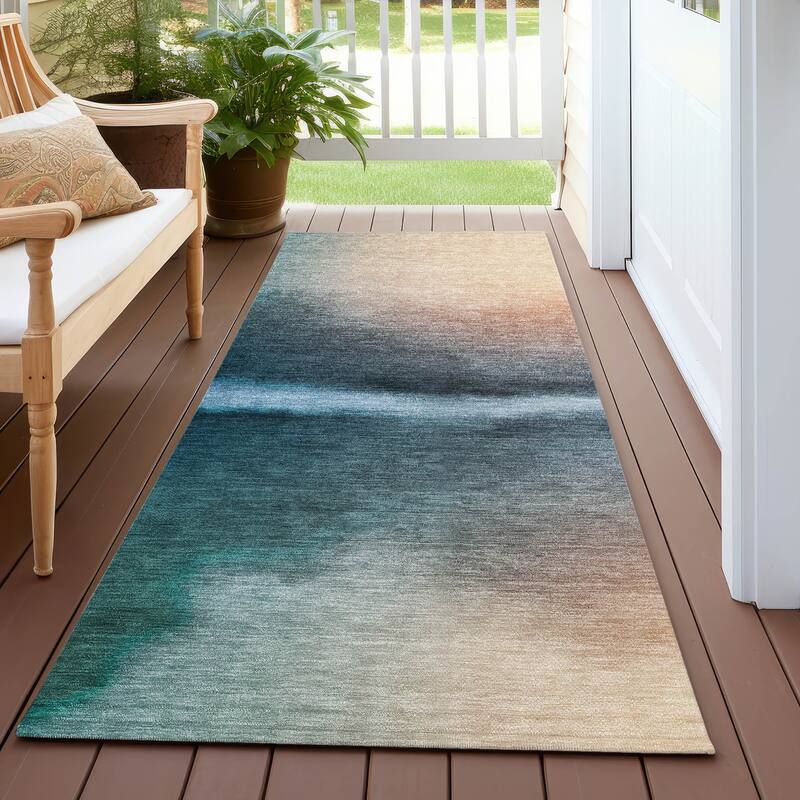 Machine Washable Indoor/ Outdoor Modern Landscape Chantille Rug - Teal - 2'3" x 7'6"