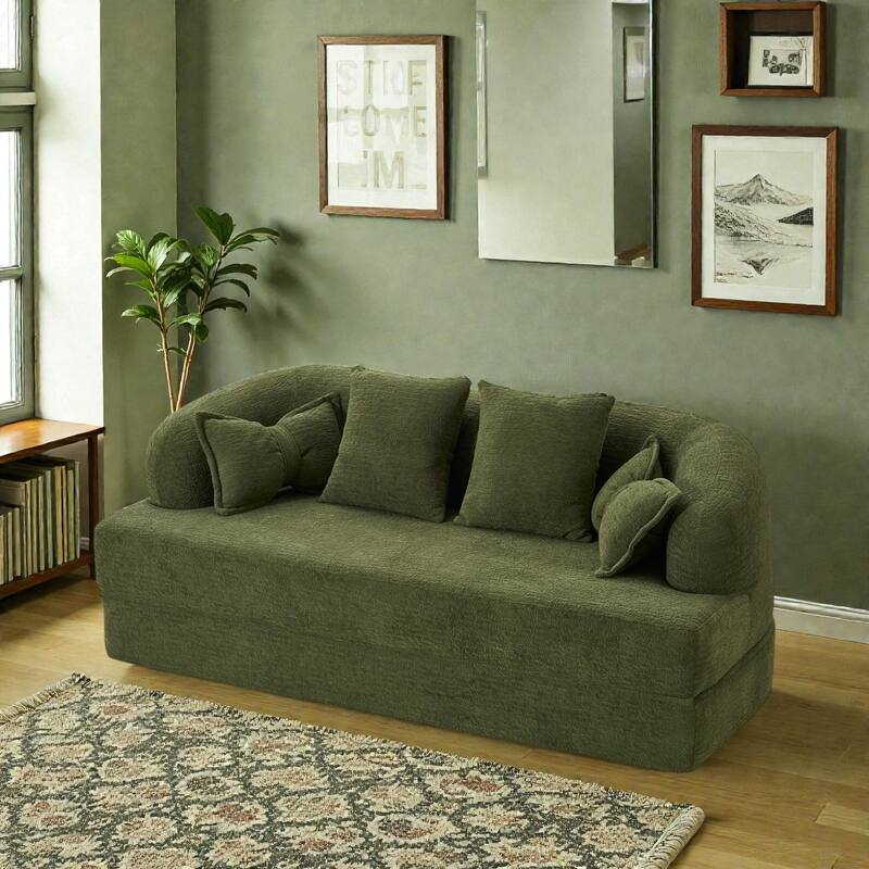 2-in-1 Foldable Sofa Bed, 70" Convertible Boneless Couch Sleeper with 4 Pillows, Chenille Foam Futon for Living Room - Green