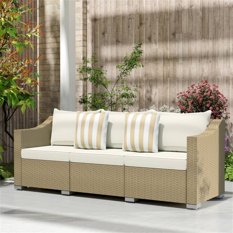 3-Seater Outdoor Rattan Sofa PE Wicker Steel Frame Patio Deck Garden Couch with Cushions and Throw Pillows