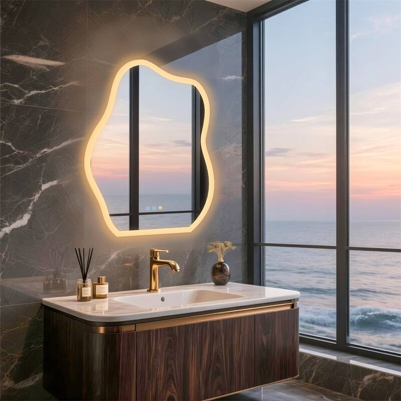 Curved Bathroom Mirror Silver Led Makeup Vanity Mirror Anti-Fog Decor - 31.5in