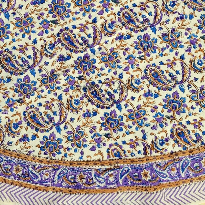 Block Print Tablecloth Round, Floral Paisley Love Purple - Paisley Elephant Purple Gold Blue