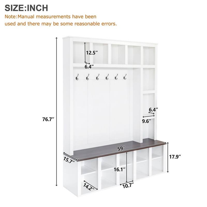 Farmhouse 4-in-1 Hall Tree with Shoe Cabinet, Entryway Storage Bench with 13 Cubbies, Coat Rack w/ Adjustable Shelves & 6 Hooks