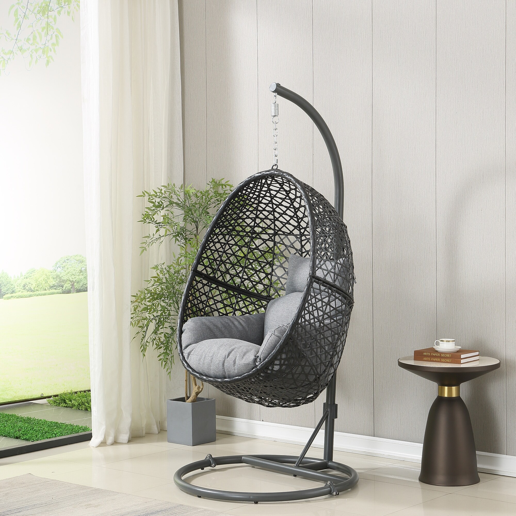 Patio PE Rattan Swing Chair With Stand for Balcony Courtyard