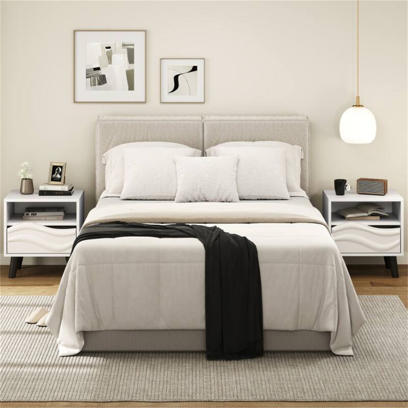 White-Black Engineered Wood Nightstand with 3D Wavy Drawer and Storage