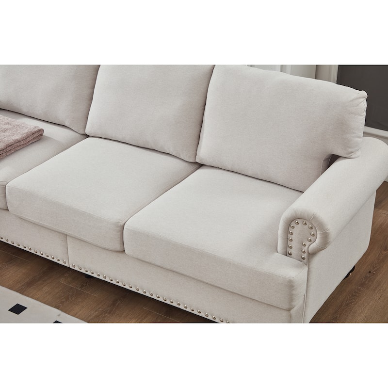 Upholstered Fabric Sofa with Storage, Comfy Oversized Deep Seat Sofa, 3 Seater Sofa with Nailhead Trim & Rolled Armrests