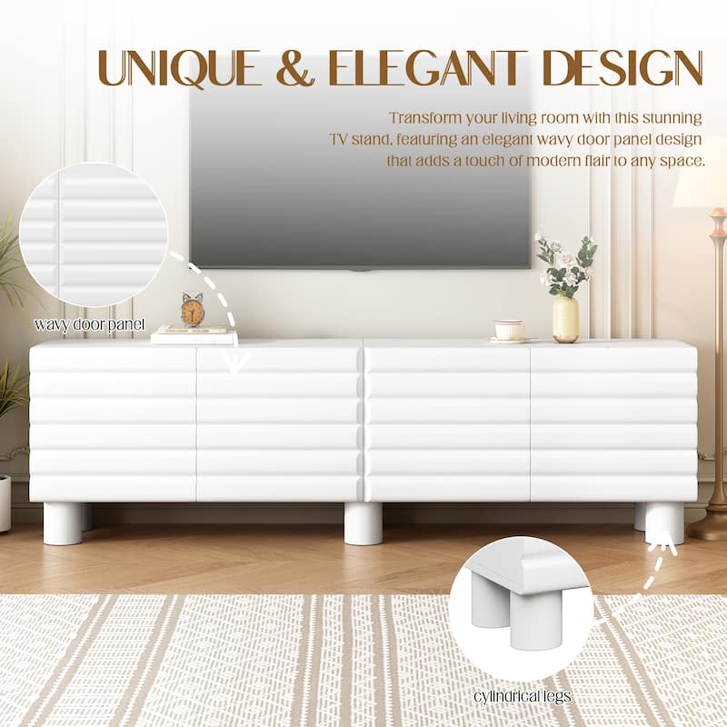 70.8 Inch Modern Cream TV Stand with Wavy Doors, 4 Cabinets, Adjustable Shelves, Cable Holes, Media Console for TVs Up to 75"