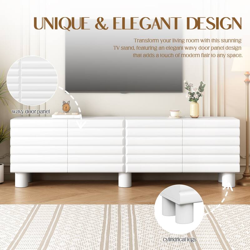 75 inch TV Stand Media Console with 4 Cabinets, Cream Wavy Door Cabinet with Cylindrical Legs & Cable Management