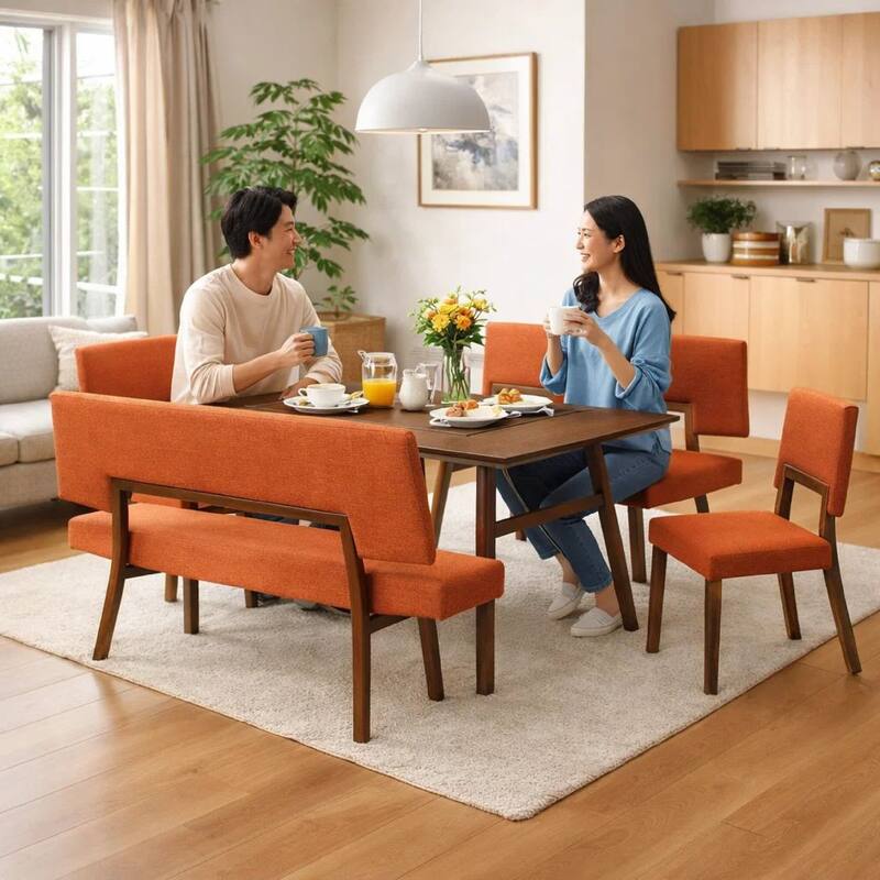 Yumi 5 Piece Dining Table Set, Chairs, Benches, Orange Fabric, Wood Brown