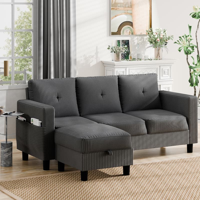 Futzca Modern Small Scale Sofa Couch with Movable Ottoman & Storage - DarkGrey