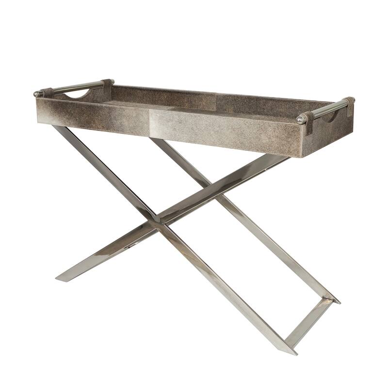 Gray Leather Tray Table Accent Table with Silver Legs and Handles