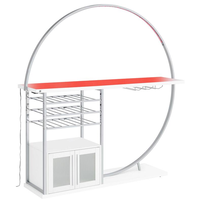 Riya Home Bar Table, LED Light, Cabinets, Wine Storage, White, Chrome Metal