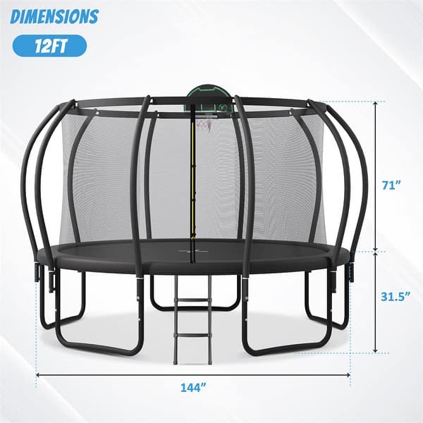 dimension image slide 0 of 4, 12/14/15/16FT Outdoor Kids Trampoline with Enclosure, Basketball Board