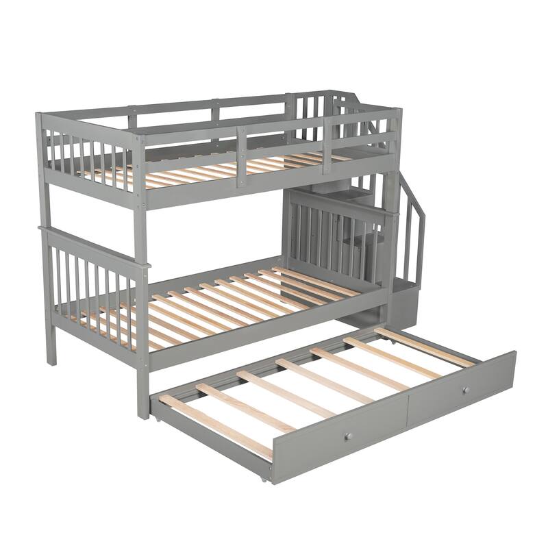 Twin Over Twin Bunk Bed with Trundle, Detachable Wood Triple Bedframe