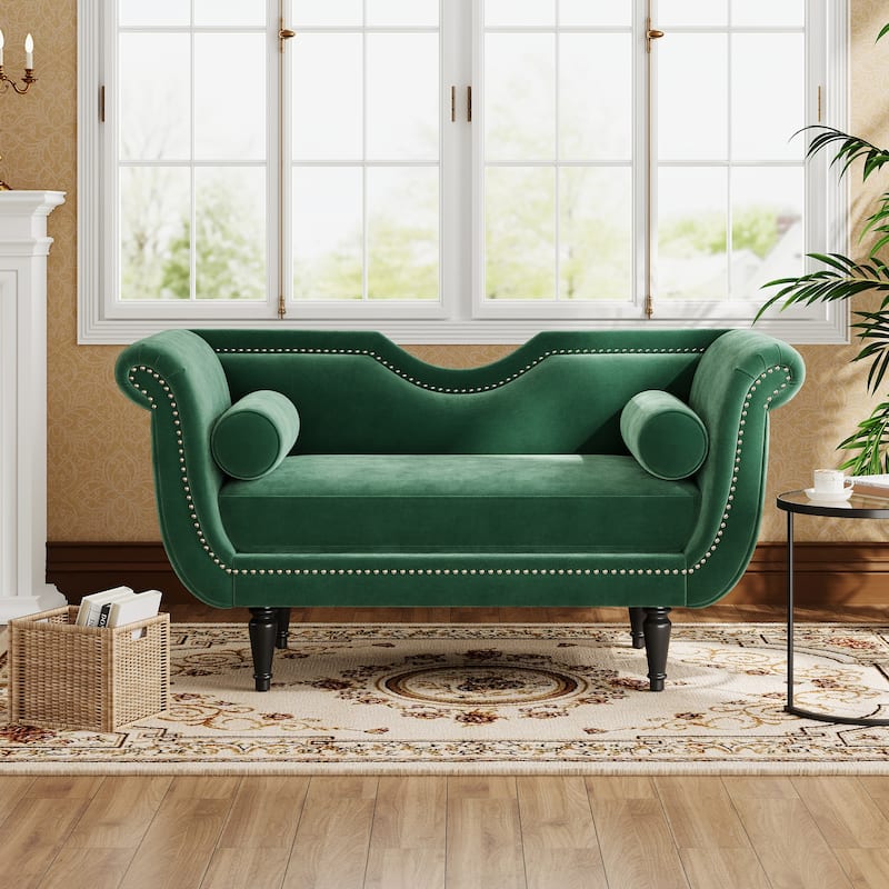 Christopher Knight Home - Velvet Bench with Nailhead Trim & Curved Arms - Green