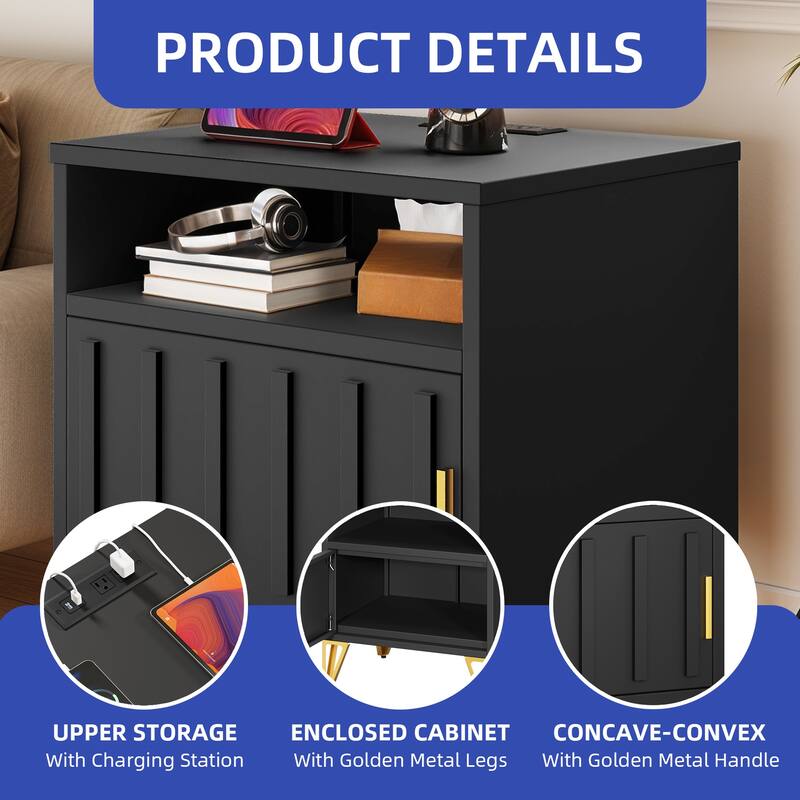 Moasis Set of 2 Black Nightstand with Embedded USB & AC Charging Station