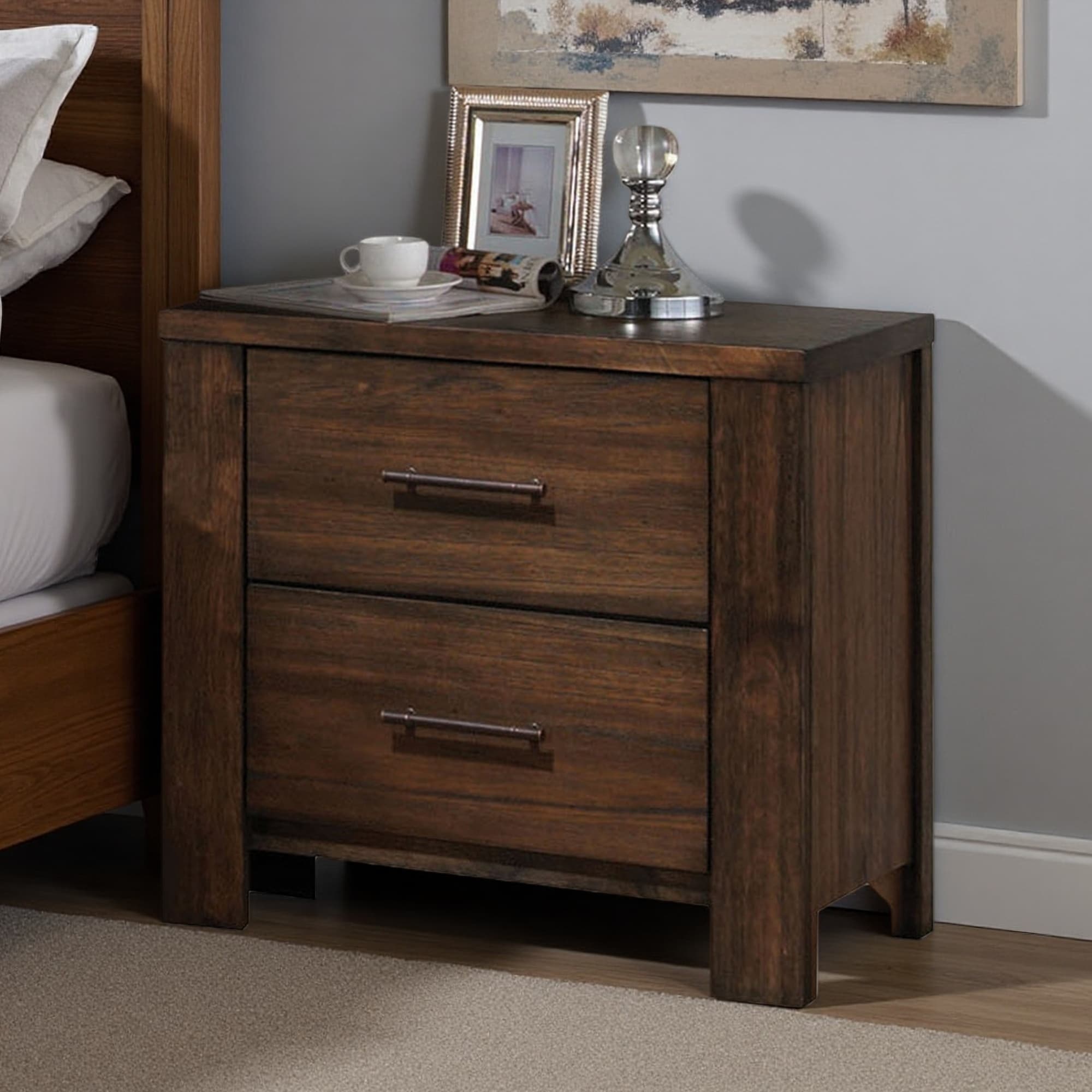 26"L Oak Wood Elegant 2-Drawer Nightstand with English Dovetail Drawers, Center Metal Glides & Antique Brass Handles