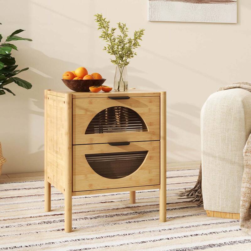 Costway 1/2 PCS Bamboo Nightstand with 2 Storage Drawers & Reeded