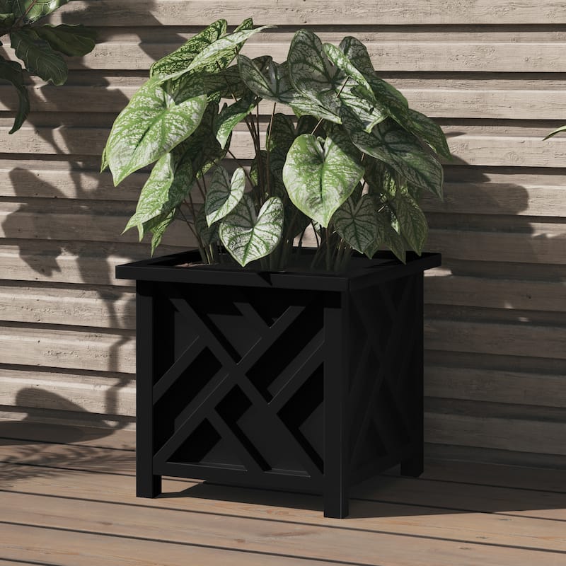 Lattice Design Planter Box - 15.5-Inch-Square Decorative Outdoor Flower or Plant Pot by Pure Garden (Black)