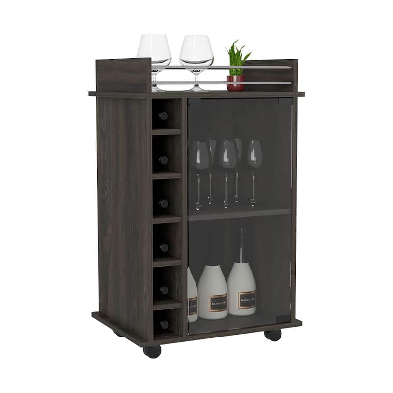 Sleek Bar Cart with Glass Door, Six Wine Cubbies, Locking Casters, Top Shelf - Carbon Espresso
