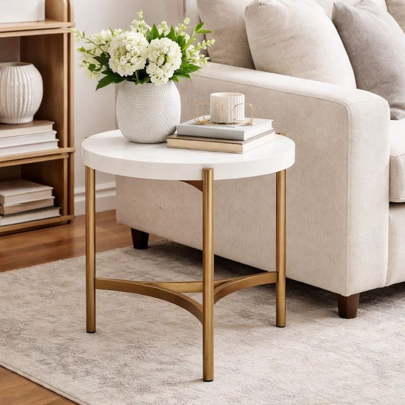 Leyu 23 Inch Round Side End Table, White Concrete Top, Bronze Tripod Base