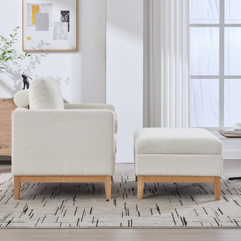 Boucle Armchair with Storage Ottoman - 300lb Capacity, Farmhouse Style