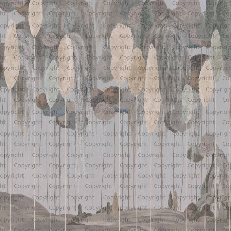 Enchanted Hanging Botanical Elements Wallpaper Mural - Gray - W:225" x H:118"