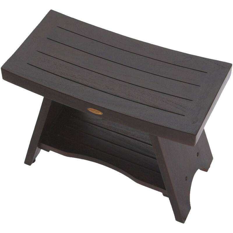 Compact Teak Rectangular Corner Shower / Outdoor Bench with Shelf in Brown Finish