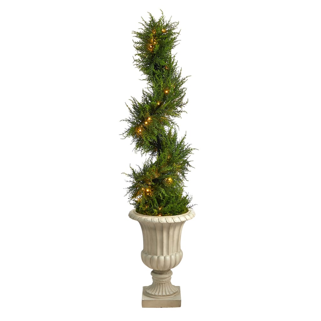 Artificial Spiral Tree with Lights - 5ft Indoor Outdoor Glam Tree in Urn - Holiday Decor - Green - 41-50 Inches