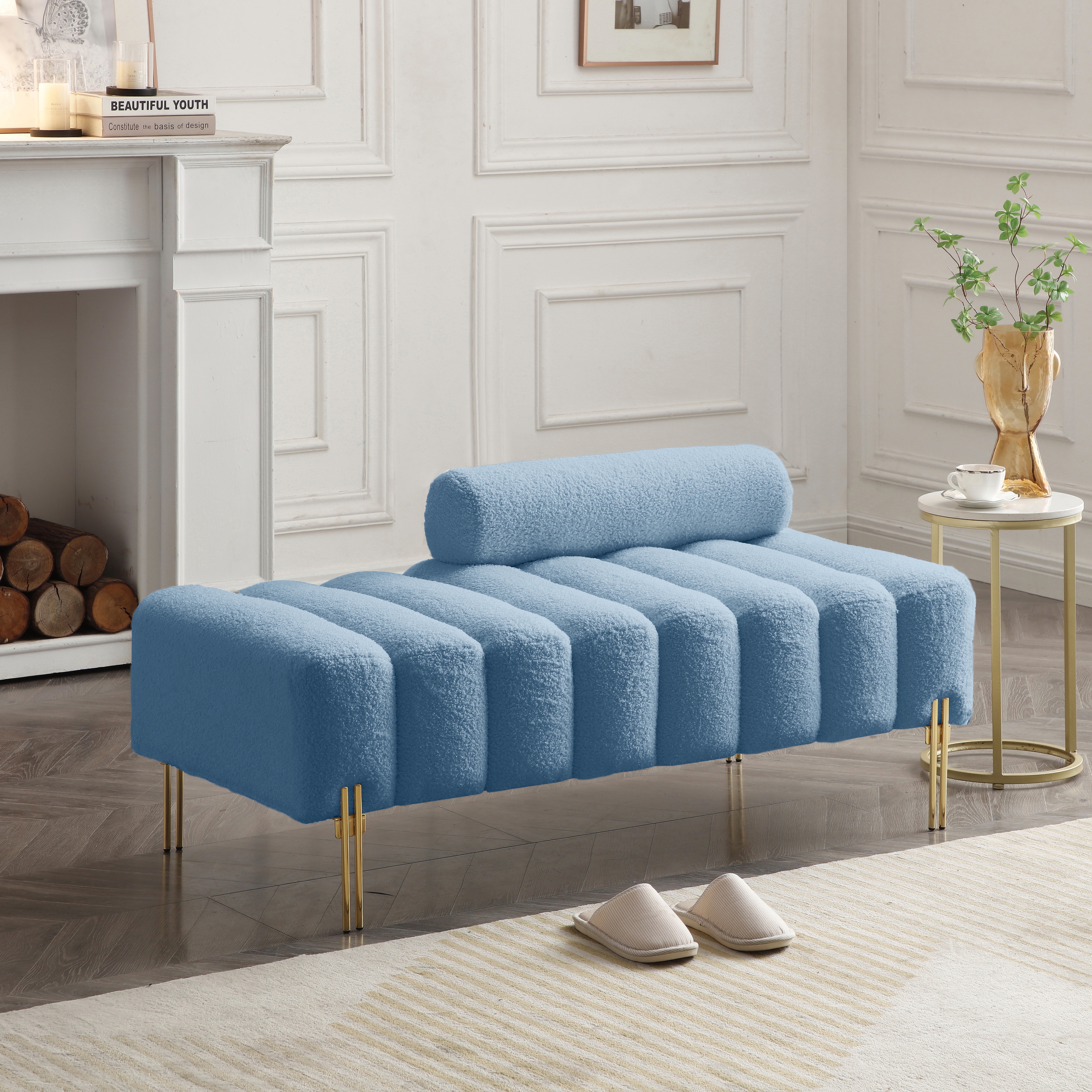 53.2 W Upholstered 2 Seater Sofa Bench Ottoman with Gold Metal Legs Light Blue