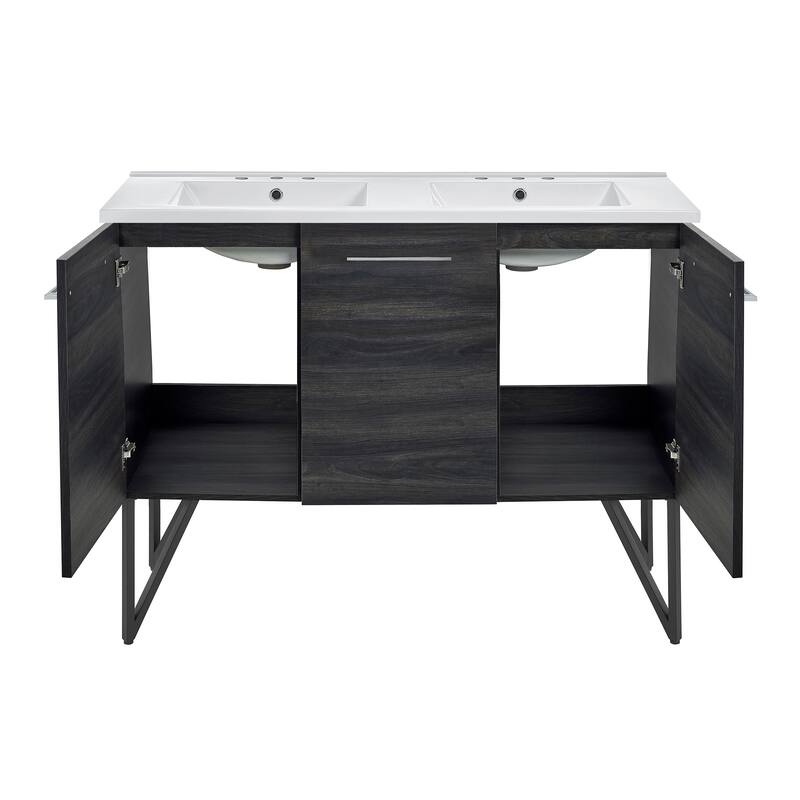 Annecy 48 In. Black Walnut, Double Basin Bathroom Vanity With White, 3-Hole Ceramic Sink Top