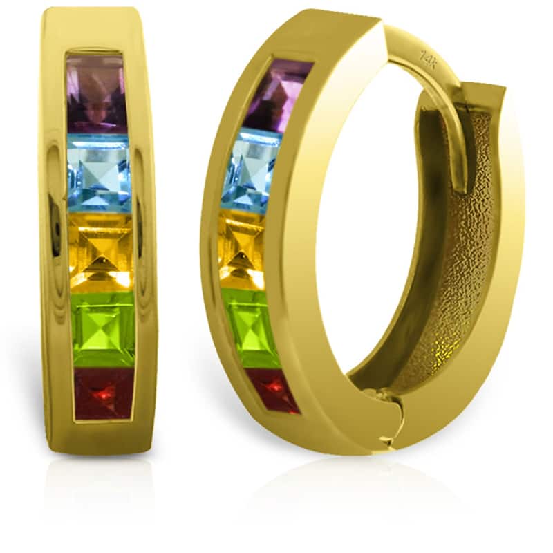 14K Solid Gold Elegant Hoop Huggie Earrings w/ Natural Multi Gemstones - Yellow