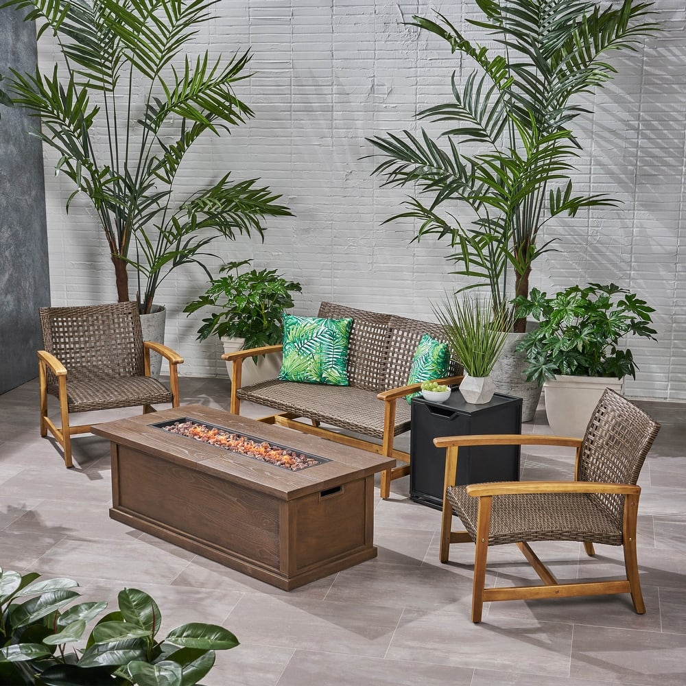 Breakwater Outdoor 5 Piece Wood and Wicker Chat Set with Fire Pit by Christopher Knight Home