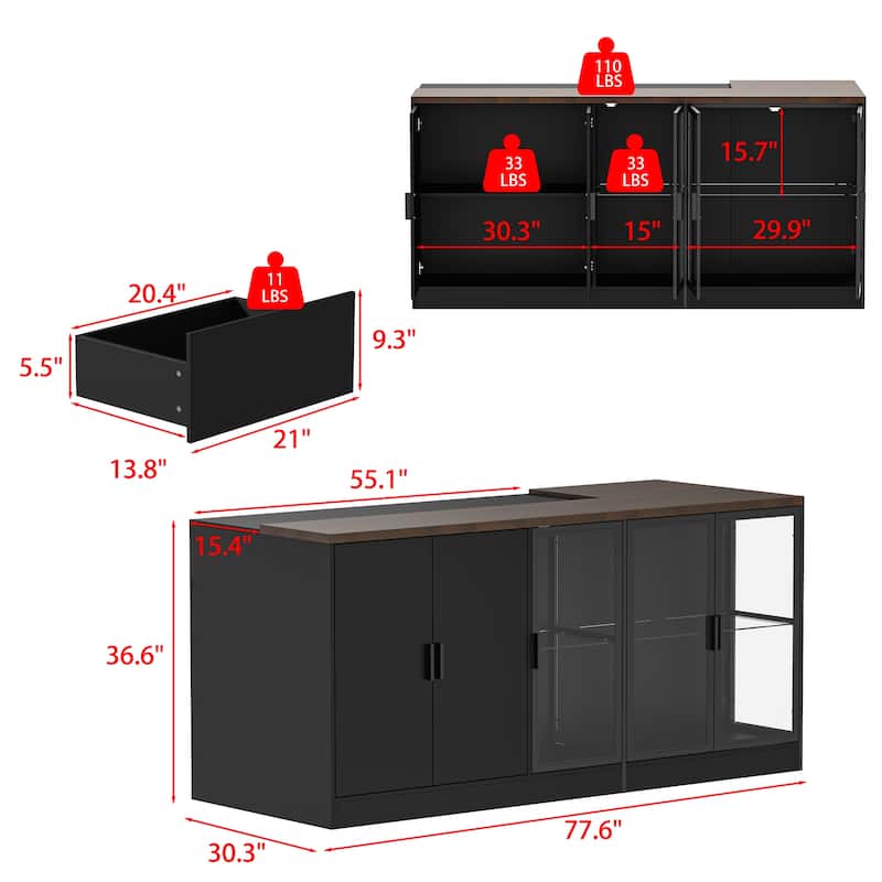 Kitchen Island with Drawers & Glass Cabinets, Converts to Office Desk