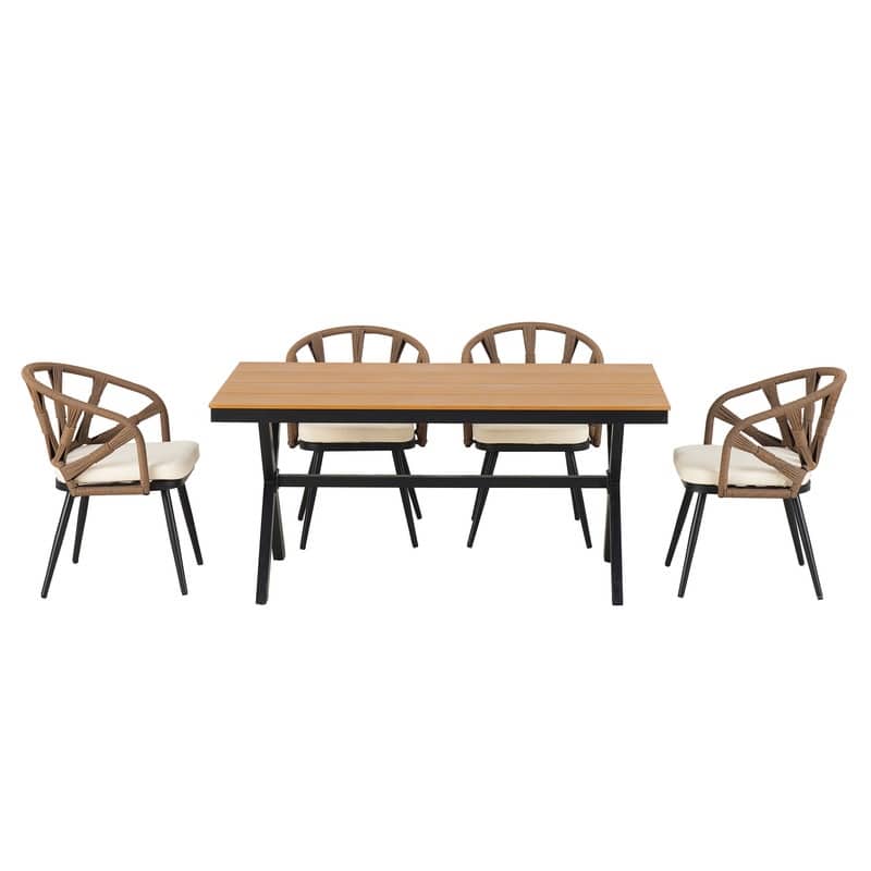 Contemporary Outdoor Set with PE Rattan Chairs and Plastic Wood Table,Suitable for Gardens and Lawns