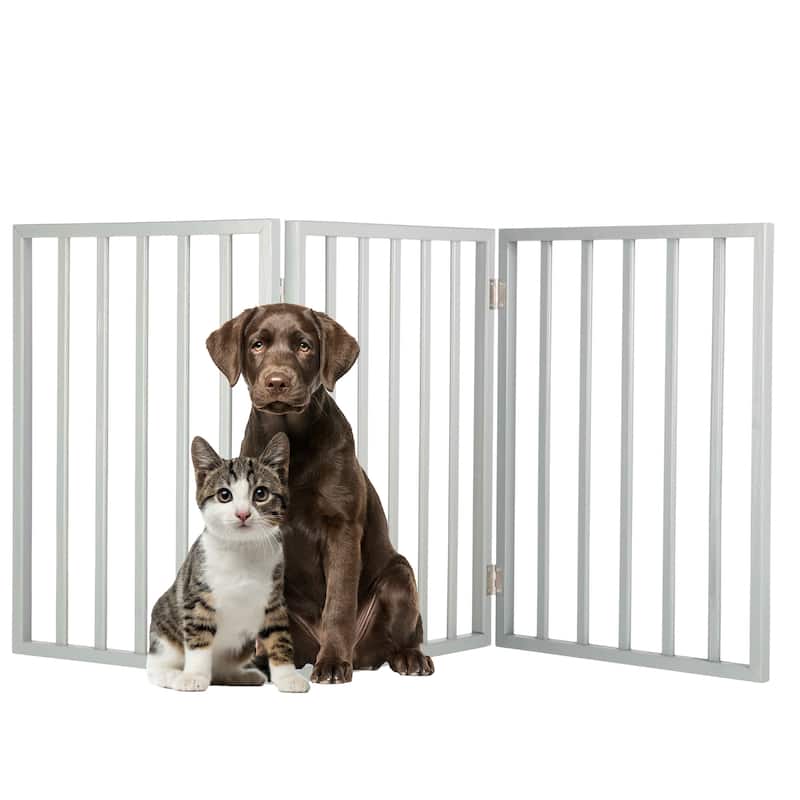 3-Panel Indoor Foldable Dog Gate - 54x24-Inch Wood Freestanding Pet Fence - Grey