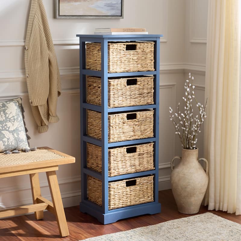 SAFAVIEH Faith Distressed Black 5-Drawer Wicker Basket Storage Tower - 17.3" x 13.4" x 46.1" - 17"W x 13"D x 46"H